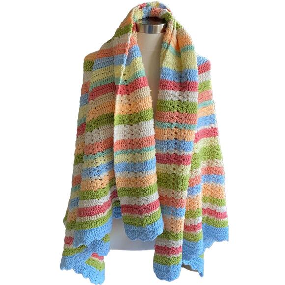 Striped Hand Crocheted Knit Afghan Throw Cottage Core Twee Pretty Blanket Wrap - Picture 1 of 8